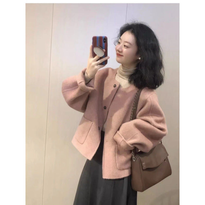 Women's Soft Wool Blend Cardigan Jacket – Minimalist Pink Coat for Fall & Winter | Korean Style Oversized Outerwear