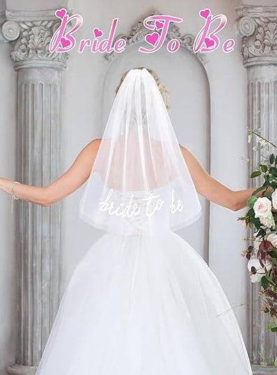 Bride-to-Be Embroidered Veil & Headband Set – Bachelorette Party Accessory for Bridal Shower, Engagement, Wedding, or Bridesmaid Gift (White Bridal Veil Headpiece)