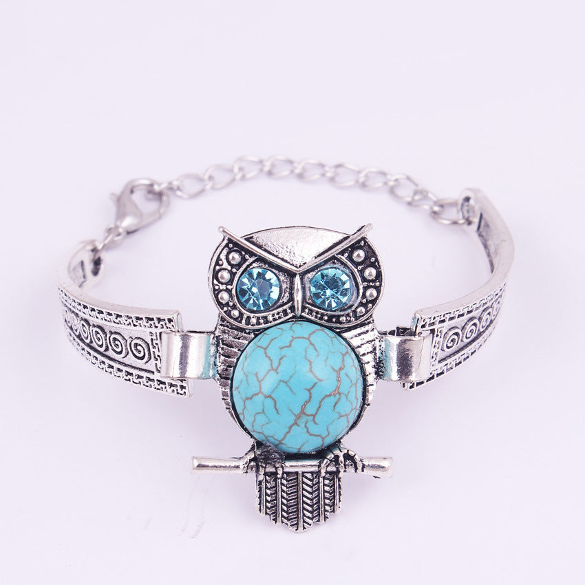 Turquoise Owl Charm Bracelet Imitation Thai Silver Adjustable Bracelet