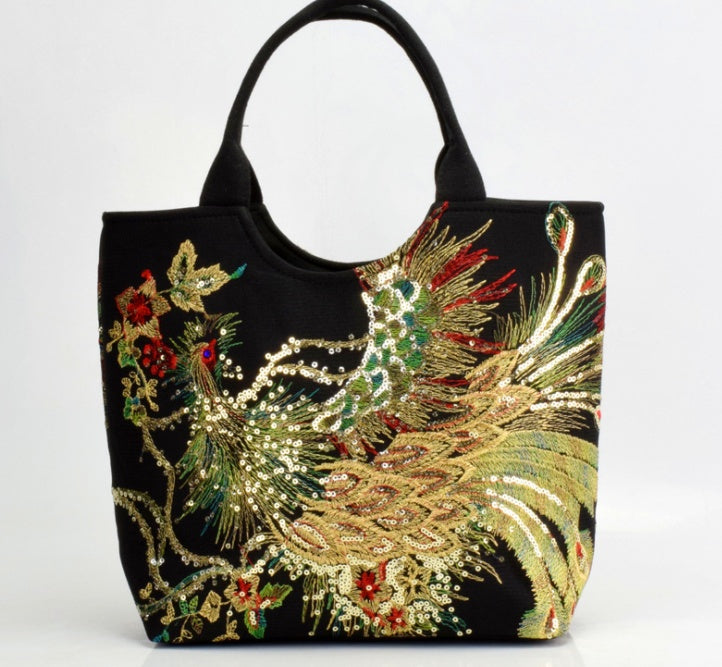 Canvas peacock embroidery small handbag