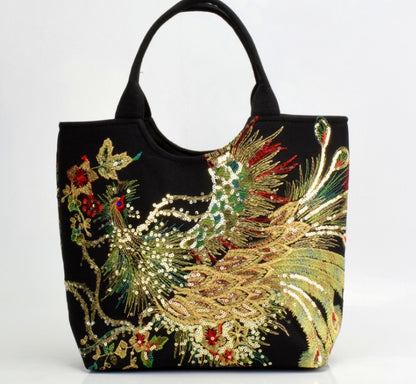 Canvas peacock embroidery small handbag
