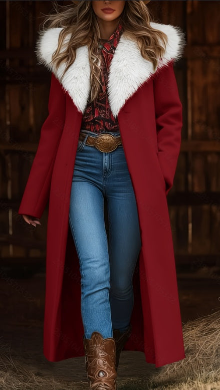 Women's  Long Coat with Faux Fur Collar – Western Cowgirl Winter Trench | Luxury Wool Blend Overcoat