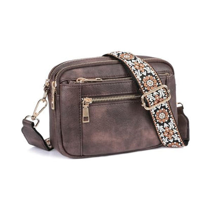 Triple-zipper Shoulder Bag With Floral Embroidered Straps Fashion Colorblock Multi-functional Crossbody Bags For Women
