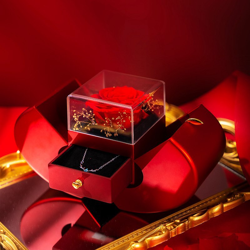 Red Apple Jewellery Box with Eternal Rose & Necklace – Gift for Her (Christmas, Valentine’s, Mother’s Day)