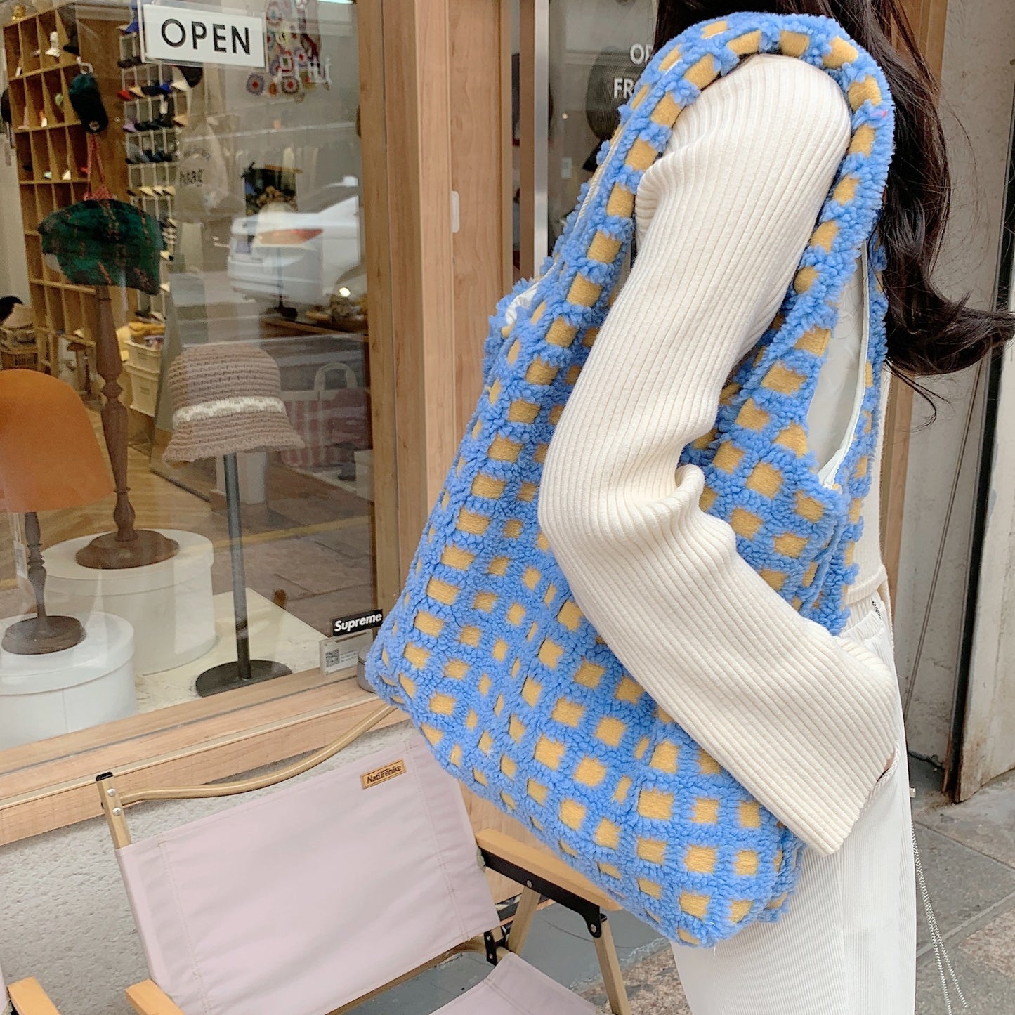 Waffle Flannel Bag Tote Bag Large Capacity Commute Minimalist Student Class Bag