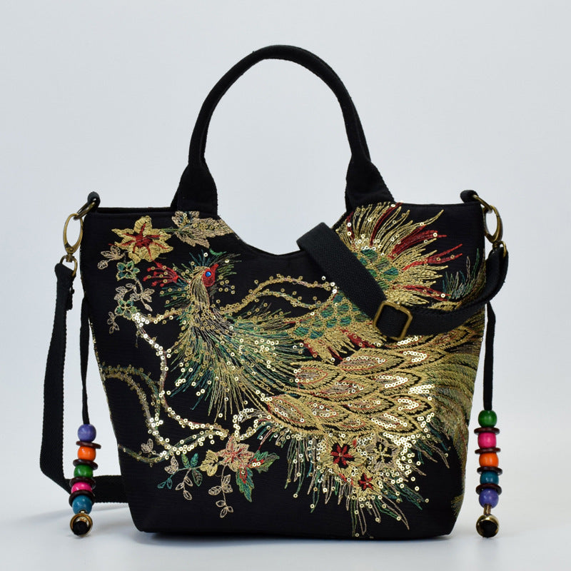 Canvas peacock embroidery small handbag