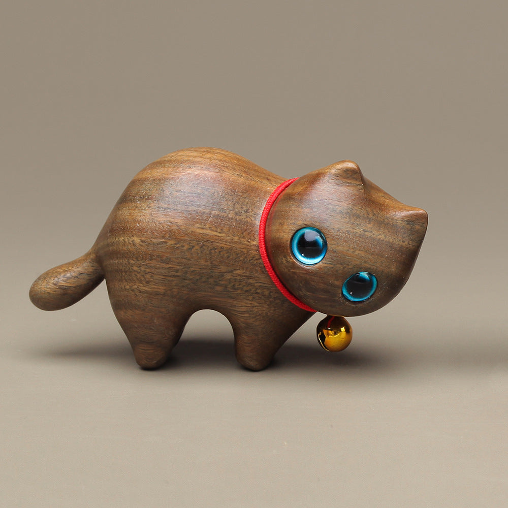 Hand-Carved Sandalwood Cat Figurine Premium Wooden Kitten Ornament & Desktop Decor Gift