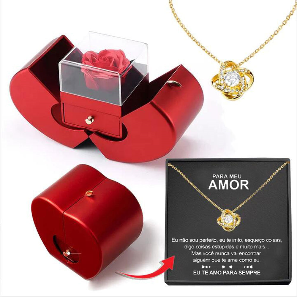 Red Apple Jewellery Box with Eternal Rose & Necklace – Gift for Her (Christmas, Valentine’s, Mother’s Day)