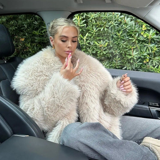 Women’s Long-Sleeve Shaggy Faux-Fur Coat Plush Lapel Collar Winter Jacket