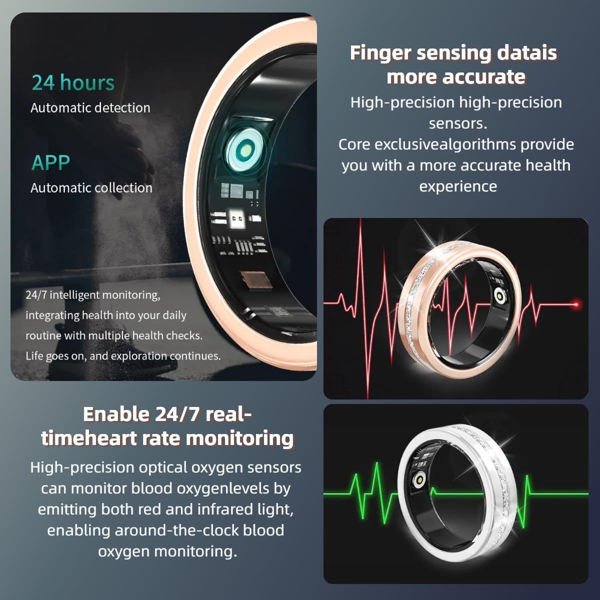 2025 Rose-Gold Diamond Smart Ring – Elegant Health & Fitness Tracker with Heart-Rate, SpO₂, HRV, Sleep & Step Monitoring (iPhone & Android Compatible, No Subscription)