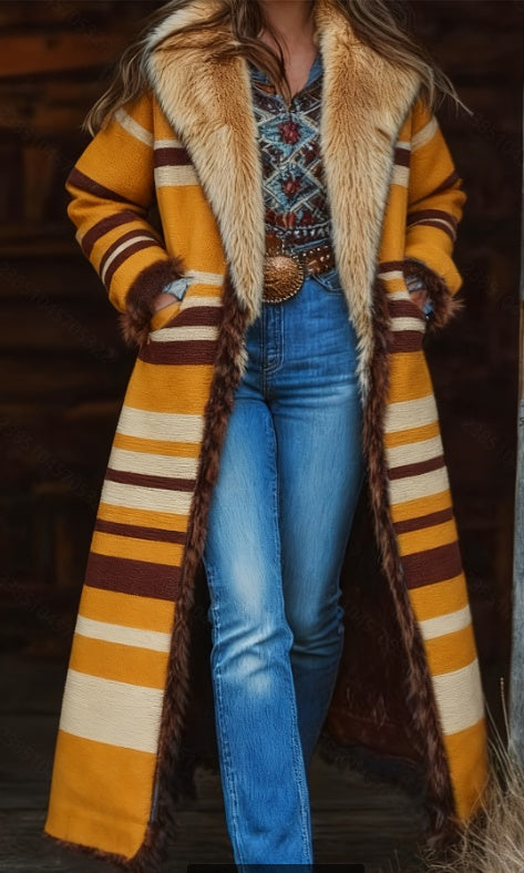 Fashion Women's Boho Western Long Coat – Faux Fur Trim Vintage Cowgirl Jacket printed
