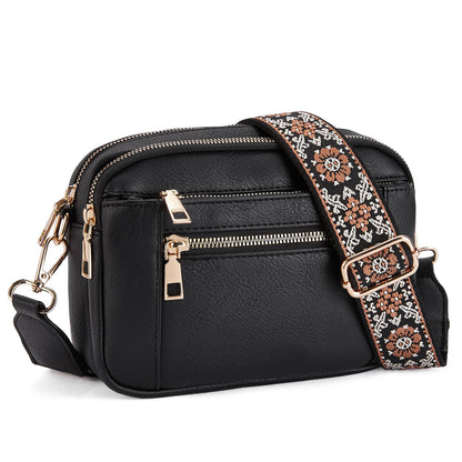 Triple-zipper Shoulder Bag With Floral Embroidered Straps Fashion Colorblock Multi-functional Crossbody Bags For Women