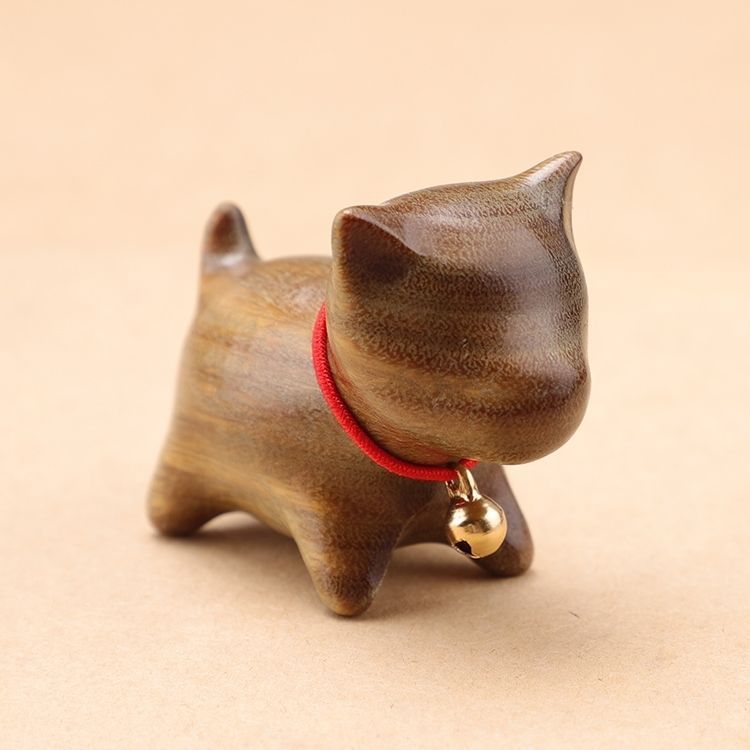 Hand-Carved Sandalwood Cat Figurine Premium Wooden Kitten Ornament & Desktop Decor Gift