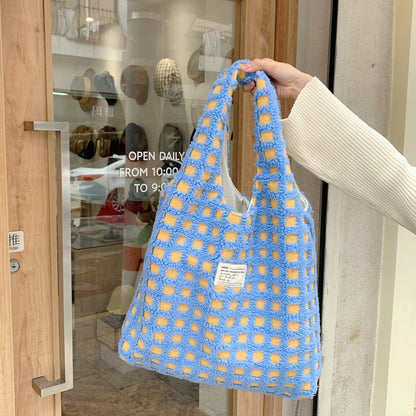 Waffle Flannel Bag Tote Bag Large Capacity Commute Minimalist Student Class Bag