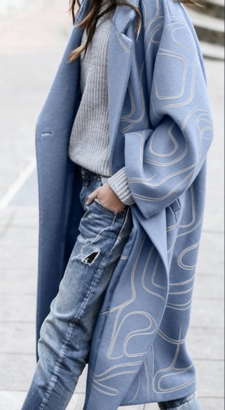 Women’s Printed Loose Long Wool-Blend Coat – Stylish Casual Overcoat for Fall & Winter