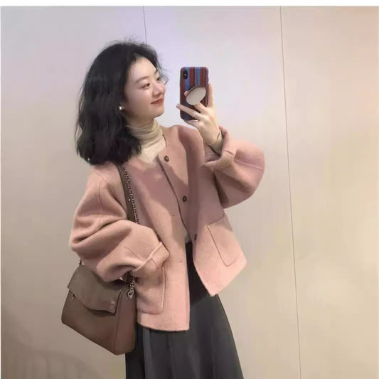 Women's Soft Wool Blend Cardigan Jacket – Minimalist Pink Coat for Fall & Winter | Korean Style Oversized Outerwear