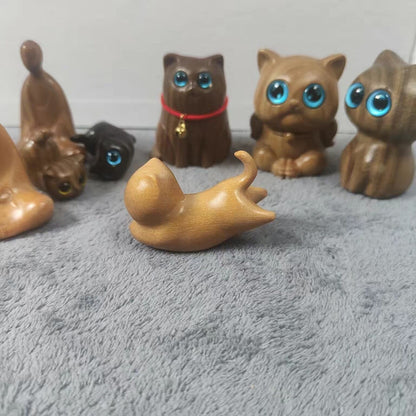 Hand-Carved Sandalwood Cat Figurine Premium Wooden Kitten Ornament & Desktop Decor Gift