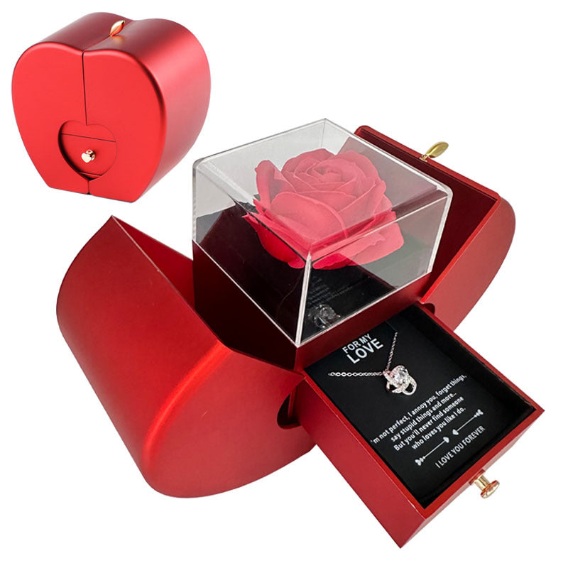 Red Apple Jewellery Box with Eternal Rose & Necklace – Gift for Her (Christmas, Valentine’s, Mother’s Day)